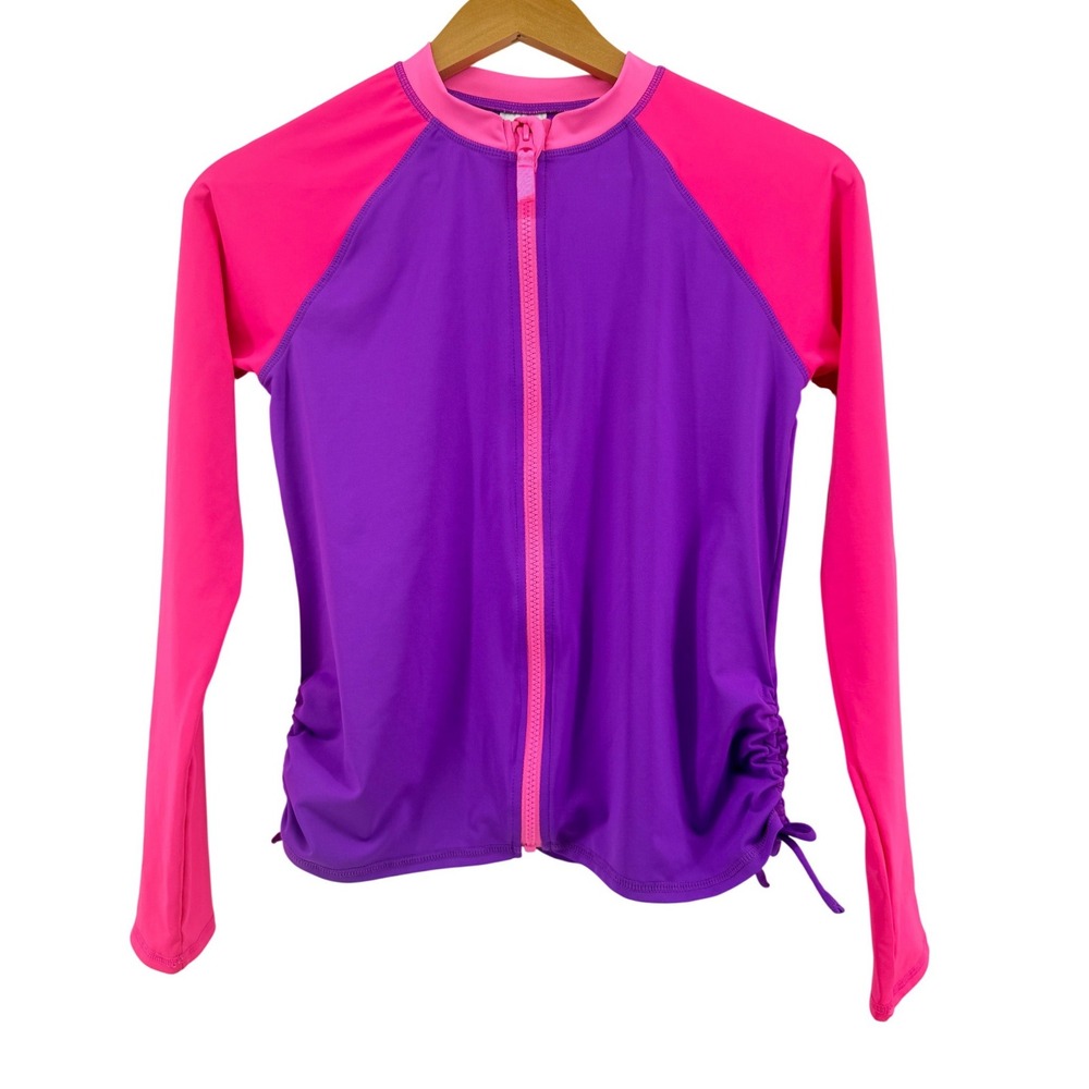 Lands End Kids XL 14-16 Rash Guard Purple Pink Full Zip Long Sleeve Swim Top